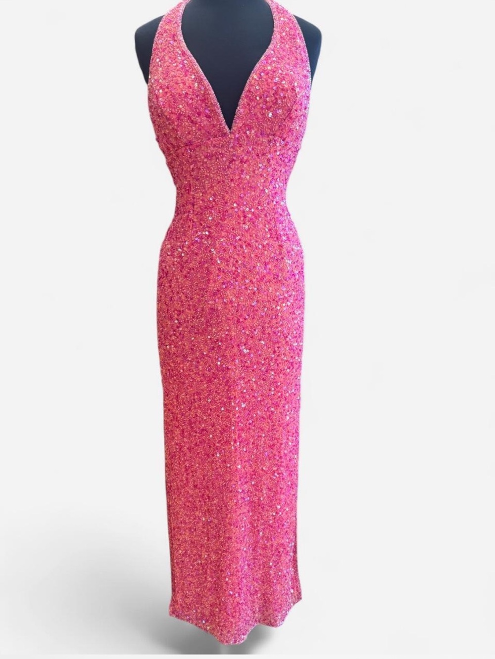 Scala Hot Pink Sequin Halter Prom Gown